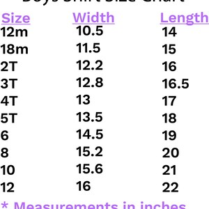 May include: A white chart with the text "AJ Blanks Boys Shirt Size Chart" in black and purple. The chart lists sizes from 12m to 12, with corresponding width and length measurements in inches.