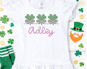 Girls Personalized St. Patricks Day Shamrock Bow Embroidered Shirt