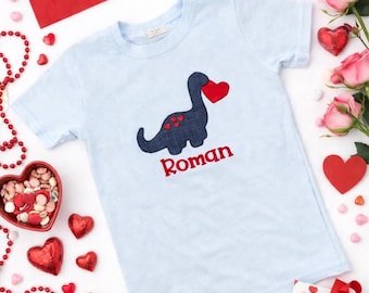 Kids Embroidered Valentines Day Dinosaur Shirt, Personalized Boys Valentines Tee