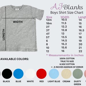 May include: A size chart for boys' shirts with measurements in inches. The chart shows the width and length of shirts in sizes 12 months to 12 years. The chart also includes information about the fabric and colour options. The colours include grey, black, blue, white, red, light blue, cream, dusty green, and dusty rose.