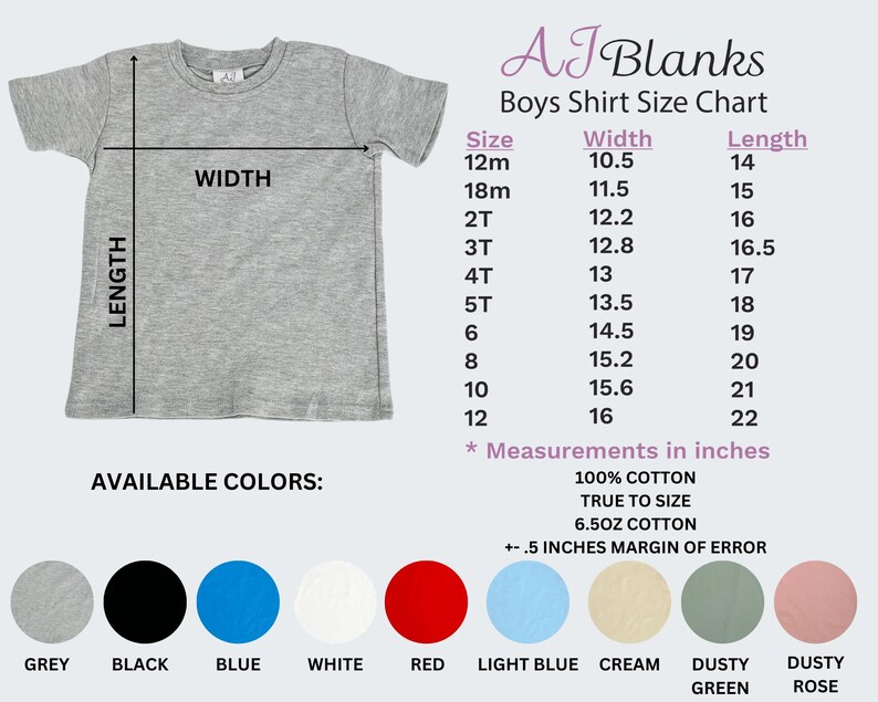 May include: A size chart for boys' shirts with measurements in inches. The chart shows the width and length of shirts in sizes 12 months to 12 years. The chart also includes information about the fabric and colour options. The colours include grey, black, blue, white, red, light blue, cream, dusty green, and dusty rose.