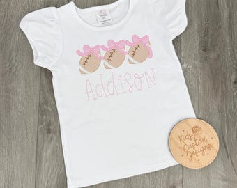 Personalized Girls Football Shirt | Embroidered Puff Sleeve Tee with Bows