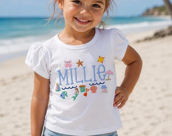 Beach Monogram Shirt for Girls | Embroidered Mermaid Seashell Summer Toddler Tee