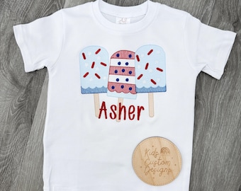 Boys Personalized Popsicle Fourth of July Shirt, Embroidered Patriotic Toddler Tee