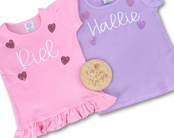 Personalized Embroidered Valentines Shirt, Spangle Hearts, Custom Name Tee