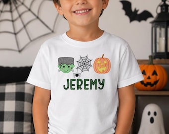 Boys Halloween Personalized Shirt, Frankenstein Pumpkin Spiderweb Embroidered Tee