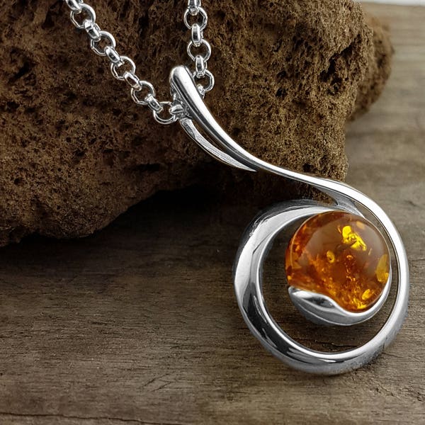 Sterling Silver Amber Swirl Pendant and Chain, Beautiful Rich Genuine Amber