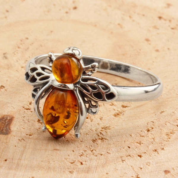 Sterling Silver Baltic Honey Amber Bee Ring, Beautiful Rich Genuine Amber, Stunning Bee Ring, Unusual Bee Amber Ring