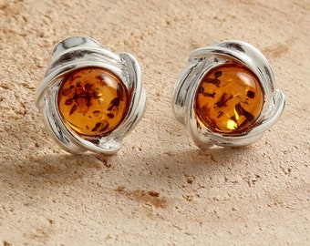 Sterling Silver Baltic Honey Amber Knot Studs, Pretty Amber Earrings, Stunning Honey Amber