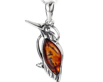 Sterling Silver Baltic Amber Kingfisher Bird Pendant and Chain, Beautiful Rich Genuine Amber, Perfect Amber Pendant, Kingfisher