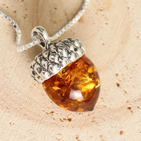 Colgante y cadena de bellota de ámbar de plata de ley, ámbar genuino hermoso ámbar de miel rico, collar de ámbar perfecto, ámbar inusual