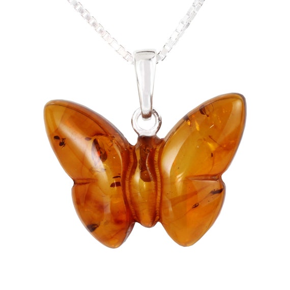 Beautiful Baltic Amber Necklace With Butterfly Pendant - Genuine Honey Amber On Stainless Steel Chain (17-19 Inch)