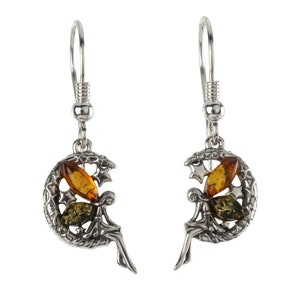 Sterling Silver Baltic Green and Honey Amber Fairy In The Moon Earrings, Beautiful Amber drops