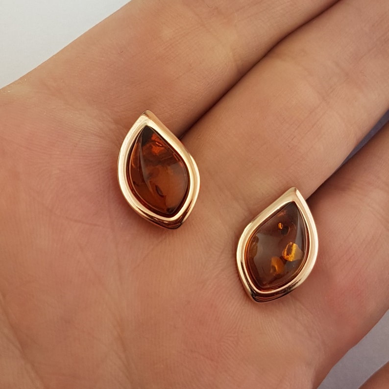 Pretty Rose Gold and Amber Earrings Stud Back Amber Amber Studs Sterling Silver Rose Gold Plated Baltic Honey
