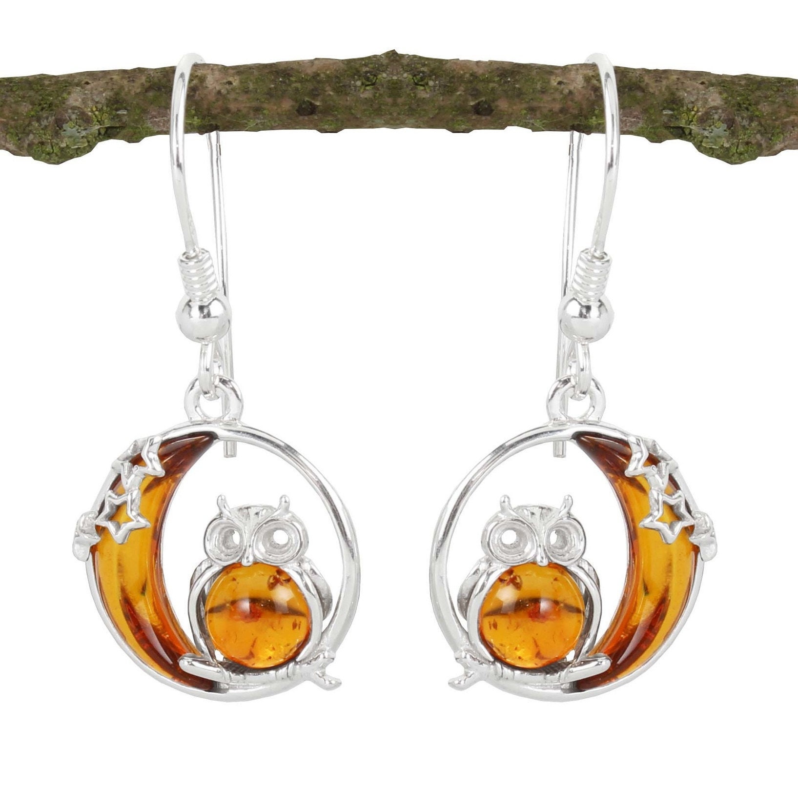 Sterling Silver HONEY Baltic Amber OWL in the MOON Drop Earrings, Beautiful Amber Earrings, Pretty O