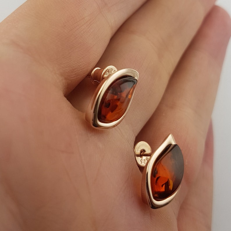 Pretty Rose Gold and Amber Earrings Stud Back Amber Amber Studs Sterling Silver Rose Gold Plated Baltic Honey