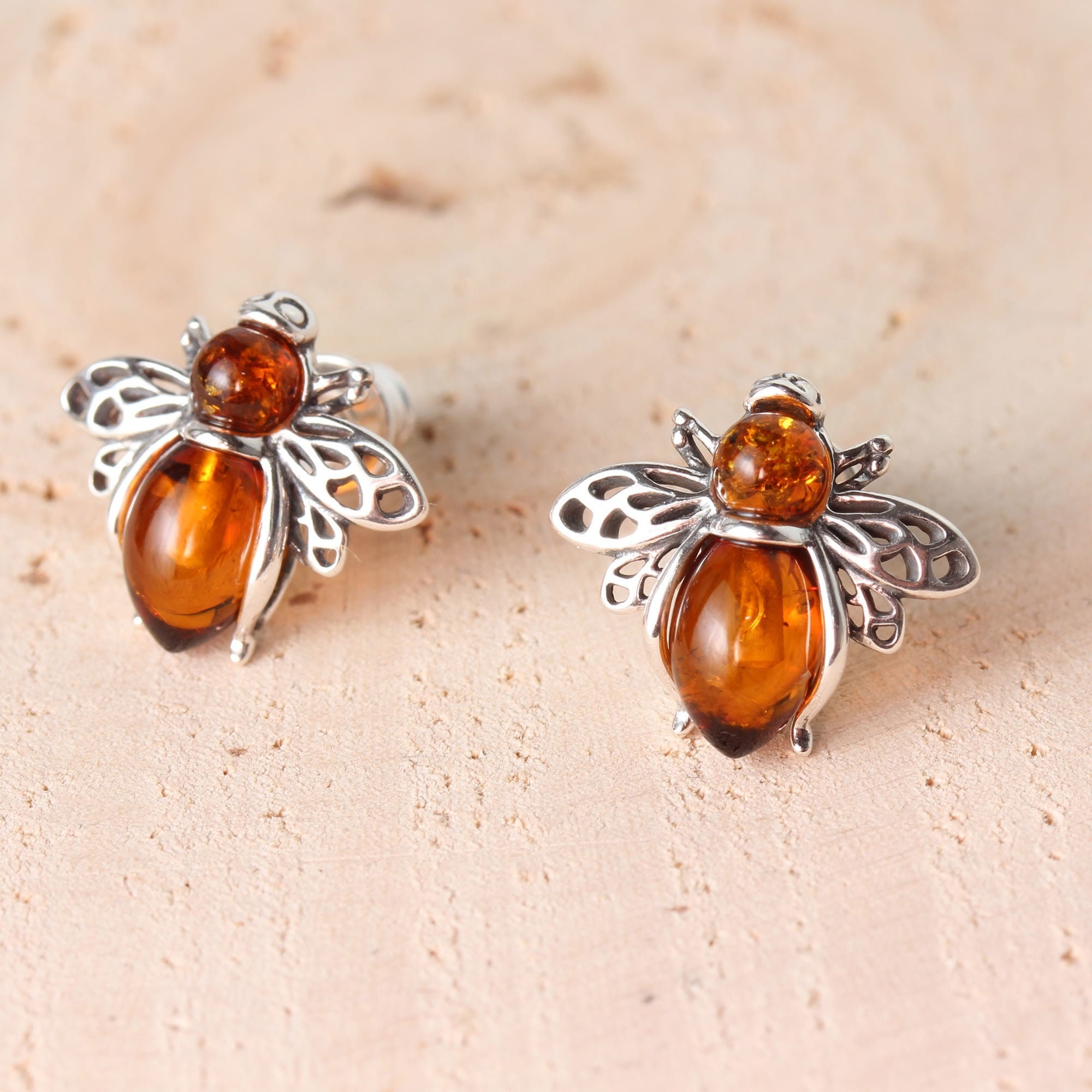 Sterling Silver HONEY Baltic Amber Bee STUD Earrings Beautiful