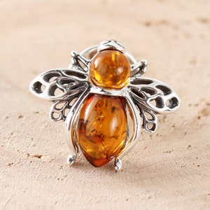 Sterling Silver Baltic Honey Amber Bee Pin Brooch, Beautiful Rich Genuine Amber, Stunning Bee Pin Brooch, Unusual Bee Amber Pin