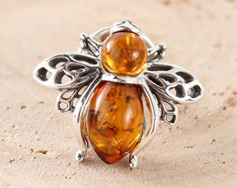 Sterling Silver Baltic Honey Amber Bee Pin Brooch, Beautiful Rich Genuine Amber, Stunning Bee Pin Brooch, Unusual Bee Amber Pin