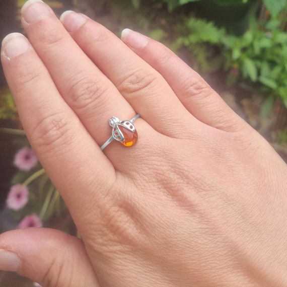 Sterling Silver Baltic Honey Amber Lady Bird Ring Beautiful Rich