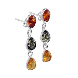 Sterling Silver Trio Amber Drops, Baltic Honey, Green, Lemon Amber Studs Drop Earrings, Beautiful Amber