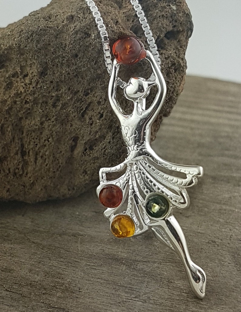 Perfect Amber Necklace Beautiful Rich Genuine Amber Honey and Lemon Amber Ballet dancer Pendant and Chain Amber Sterling Silver Green