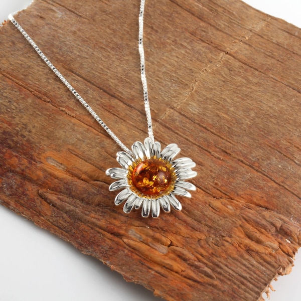 Sterling Silver Baltic Amber Sunflower Pendant and Chain, Beautiful Rich Genuine Amber, Perfect Amber Pendant, Unusual Amber
