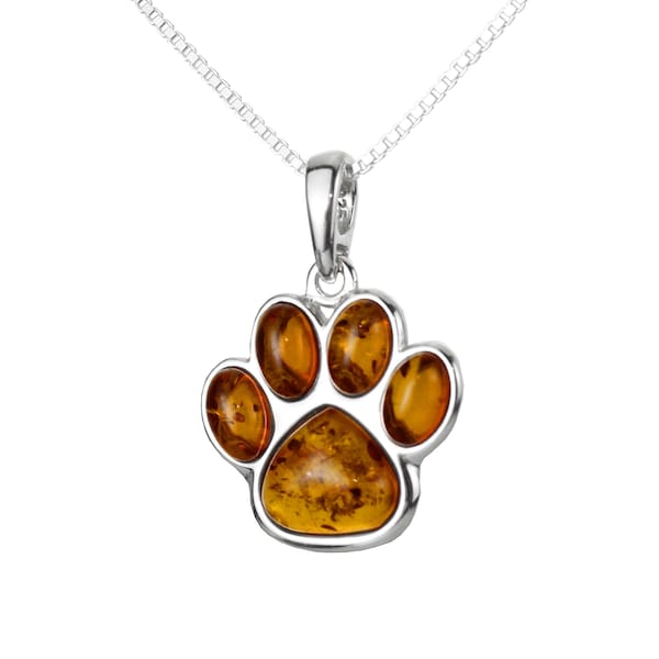 Sterling Silver Baltic Honey Amber Dog Paw Pendant and Strong Chain Beautiful Rich Genuine Amber Perfect Dog Jewellery, Cute Paws