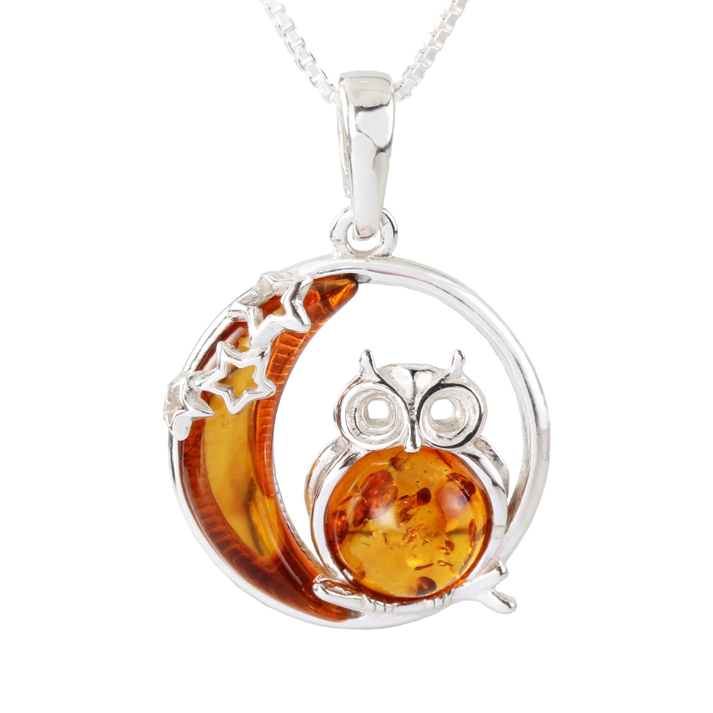 Sterling Silver Amber Owl in The Moon Pendant and Chain, Beautiful Rich Genuine Amber, Perfect Amber