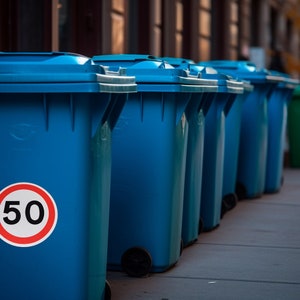 May include: A row of blue recycling bins lined up on a pavement. The bin at the front has a red and white sticker with the number 50 on it.