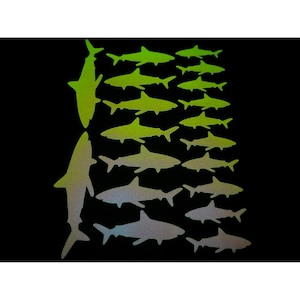 May include: A collection of shark-shaped stickers in various sizes and colors. The stickers range from light green to silver, with a black background. The sharks are arranged in a pattern, creating a dynamic visual.