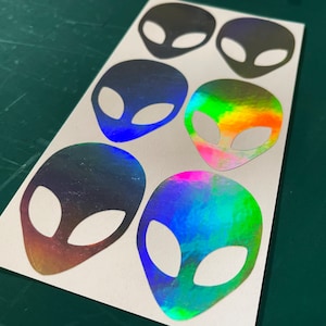 Tęczowa Holograficzna GŁOWA OBCYCH (Mała) Naklejki Samochodowe Laptop Ufo