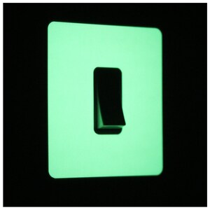 Puede incluir: Una placa de interruptor de luz blanca brilla en verde en la oscuridad. El interruptor es negro y tiene una forma rectangular.