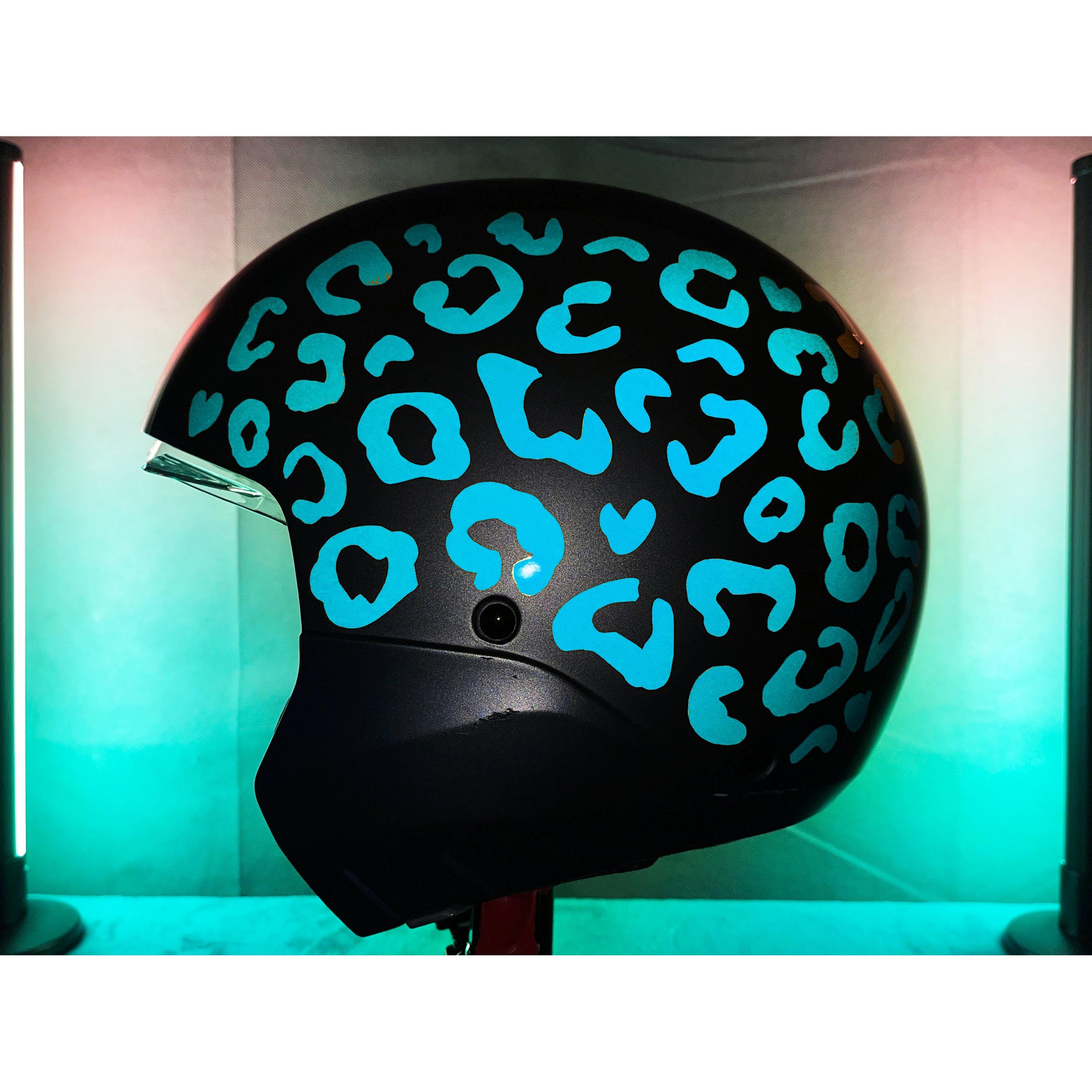 Reflective Leopard Print Motorcycle Helmet Stickers Kit Blue