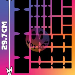 Puede incluir: Una hoja A4 imprimible en blanco y negro con una cuadr&iacute;cula de 21 cm por 29,7 cm. La cuadr&iacute;cula est&aacute; dividida en cuadrados y rect&aacute;ngulos de varios tama&ntilde;os. La hoja est&aacute; dise&ntilde;ada para ser utilizada con una cortadora de manualidades.