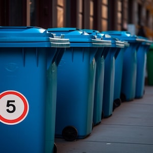 May include: A row of blue recycling bins with wheels, lined up on a pavement. The bin at the front has a red circle with the number 5 inside.