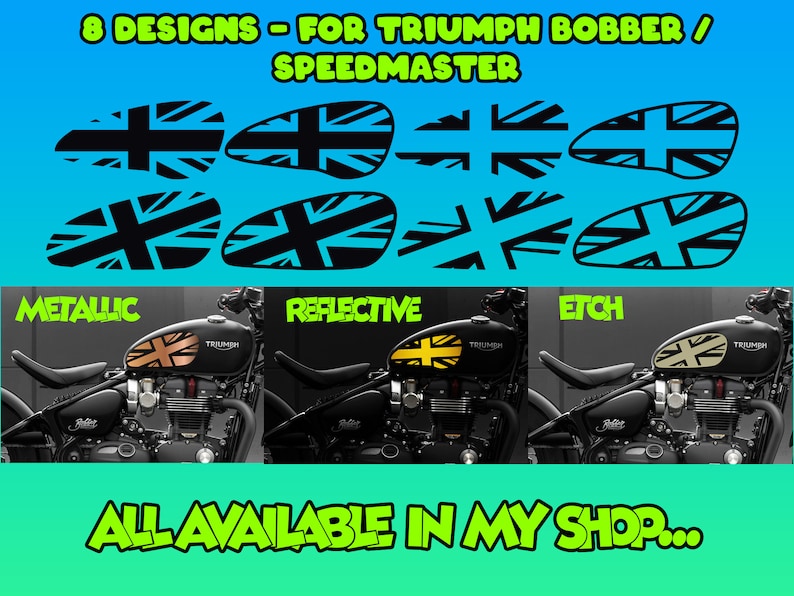 Puede incluir: Ocho dise&ntilde;os diferentes de calcoman&iacute;as de tanque Union Jack para motocicletas Triumph Bobber y Speedmaster. Las calcoman&iacute;as se muestran en acabados met&aacute;licos, reflectantes y grabados. Las calcoman&iacute;as est&aacute;n disponibles en una tienda.
