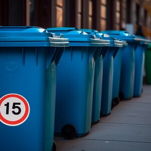 May include: A row of blue recycling bins lined up on a pavement. The bin at the front has a red circle with the number 15 inside.
