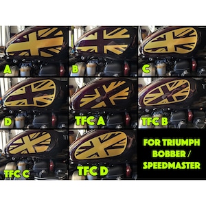 Puede incluir: Cuatro variaciones diferentes de una calcoman&iacute;a de tanque de motocicleta Union Jack dorada y negra. Las calcoman&iacute;as est&aacute;n etiquetadas como A, B, C y D. El texto "FOR TRIUMPH BOBBER/SPEEDMASTER" est&aacute; en la parte inferior de la imagen.
