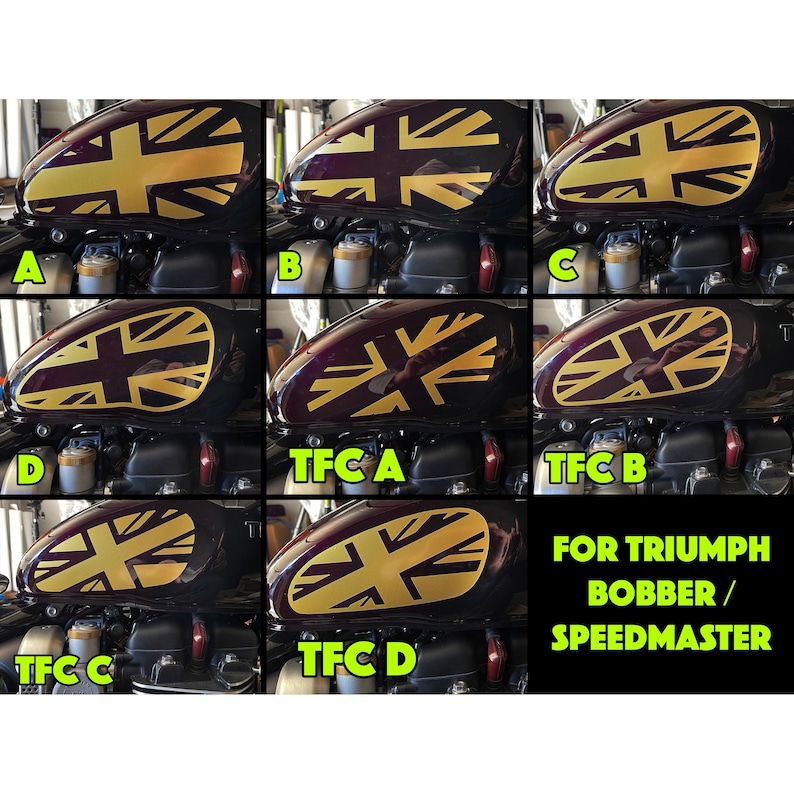 Puede incluir: Cuatro variaciones diferentes de una calcoman&iacute;a de tanque de motocicleta Union Jack dorada y negra. Las calcoman&iacute;as est&aacute;n etiquetadas como A, B, C y D. El texto "FOR TRIUMPH BOBBER/SPEEDMASTER" est&aacute; en la parte inferior de la imagen.