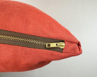 Handmade Orange Linen Pillow Cover, Brass Zipper, Decorative Throw Pillow