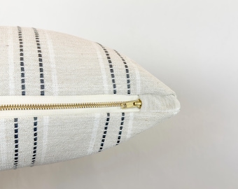 Beige Tweed Charcoal Stripe Throw Pillow Cover: Handmade Decorative Pillow with Brass Zipper