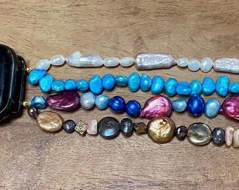 Handmade Freshwater Pearl Apple Watch Band, Luxury Beaded Bracelet Strap