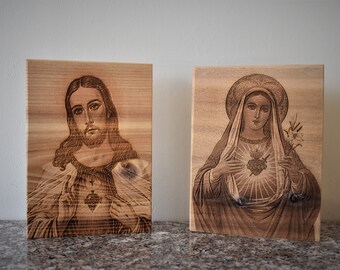 Sagrado Corazón de Jesús y Inmaculado Corazón de María Signos de Madera de Cedro, Madera Grabada, Conjunto de Fotos de Jesús y María, Icono Religioso de Regalo Católico