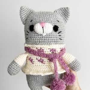 Crochet cat toy with clothes and scarf, Cat lover toy, Kids Granddaughter Christmas Gift idea, First Birthday gift idea, Kid Birthday gift