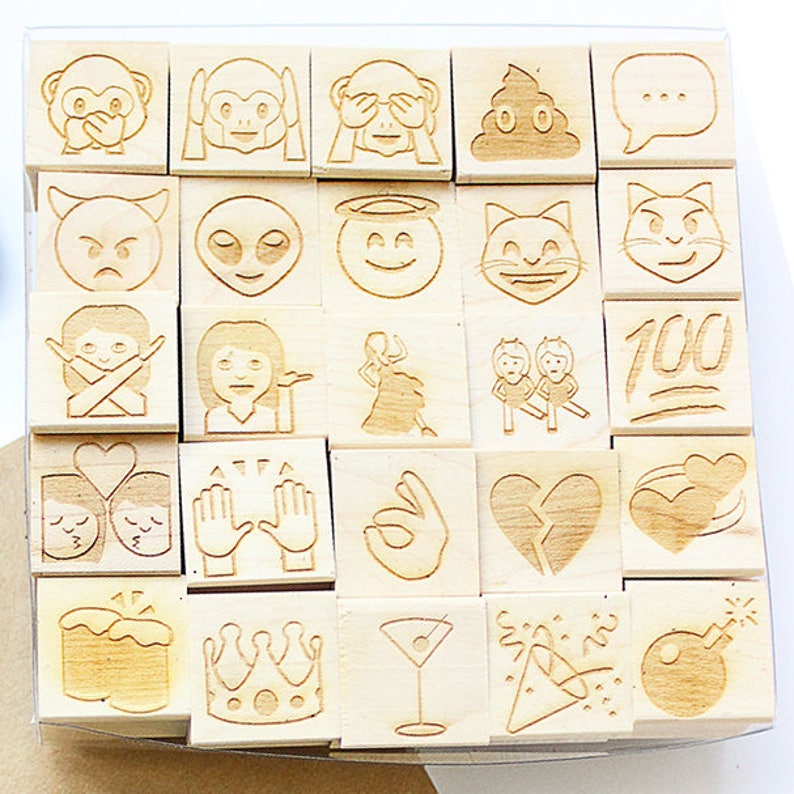 Emoji Engraved Wood Rubber Stamp Set Emoji Stamps Emoji Etsy