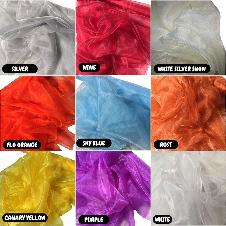 May include: Nine swatches of sheer fabric in various colors, including silver, wine, white silver snow, flo orange, sky blue, rust, canary yellow, purple, and white. The fabric is translucent and has a delicate texture.