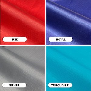May include: Close-up of four fabric swatches in red, royal blue, silver, and turquoise. Each swatch has a label with its color name. The fabrics have a slight sheen and a subtle grid pattern.
