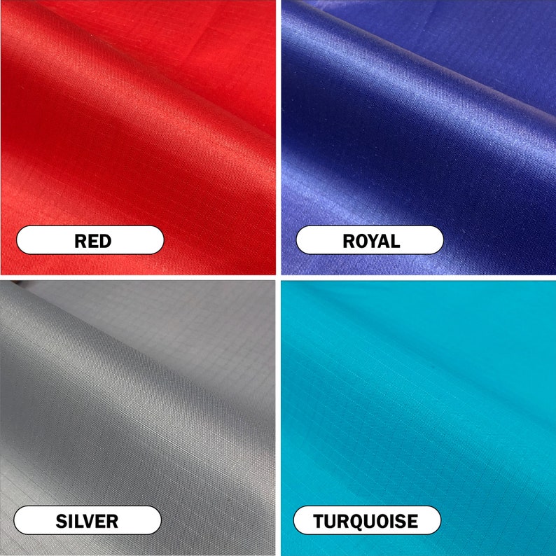 May include: Close-up of four fabric swatches in red, royal blue, silver, and turquoise. Each swatch has a label with its color name. The fabrics have a slight sheen and a subtle grid pattern.