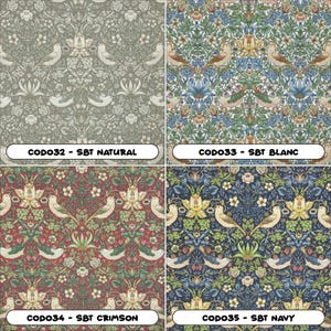 K&ouml;nnte beinhalten: Vier Stoffmuster mit einem sich wiederholenden floralen Muster. Die Muster sind mit CODO32 - SBT NATURAL, CODO33 - SBT BLANC, CODO34 - SBT CRIMSON und CODO35 - SBT NAVY beschriftet.